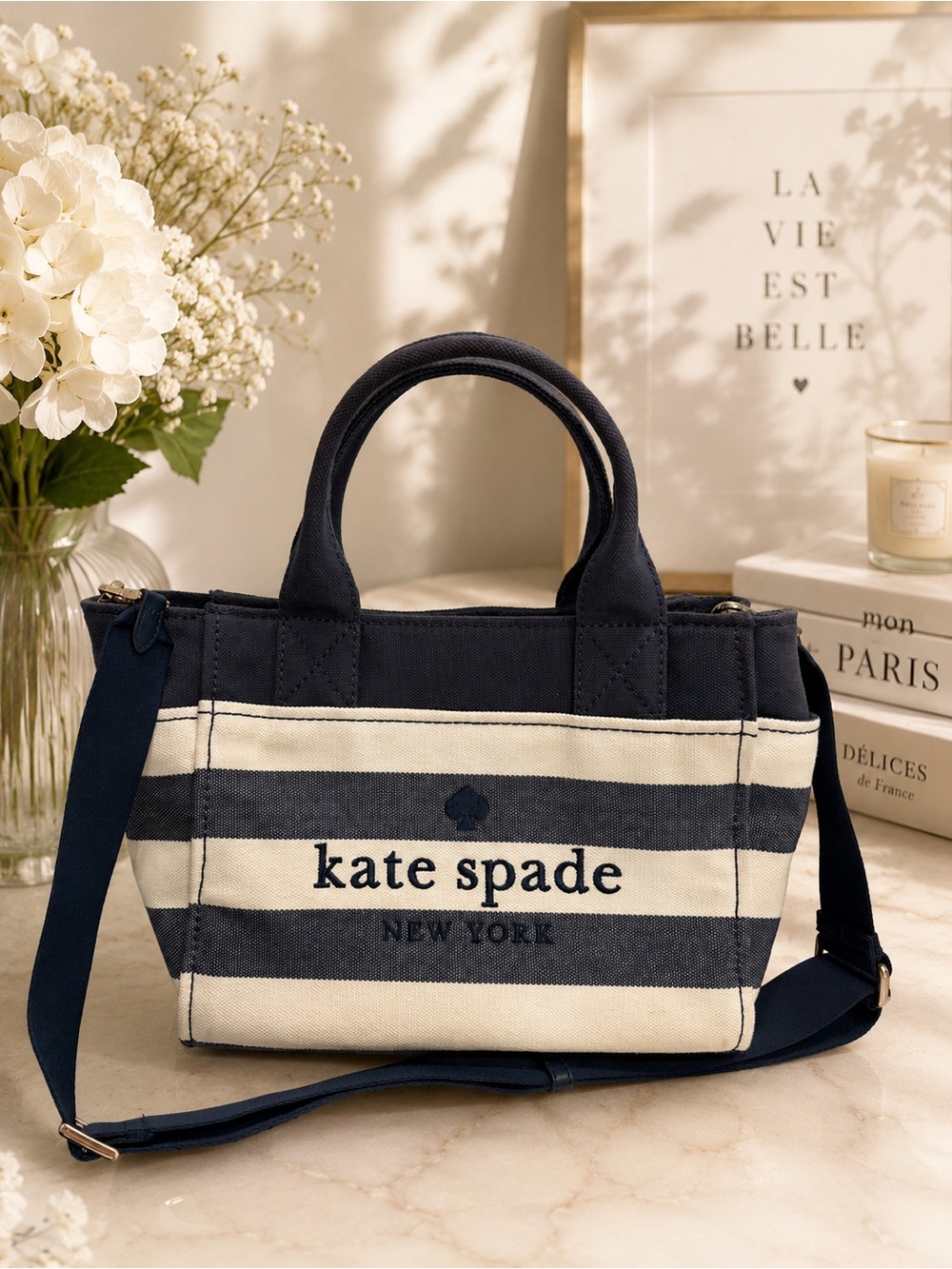 KATE SPADE SMALL CANVAS BEACH TOTE JETT NAVY BLUE WHITE STRIPE SUMMER VACATION.